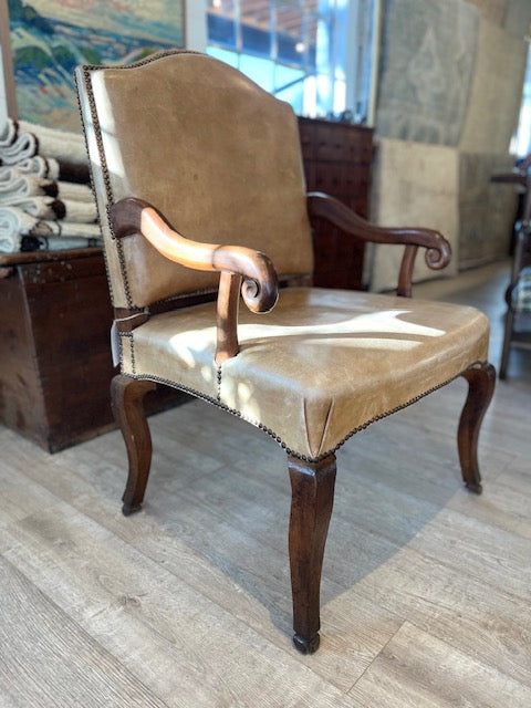 Antique French Provincial Oak Library Chair w/leather Upholstery