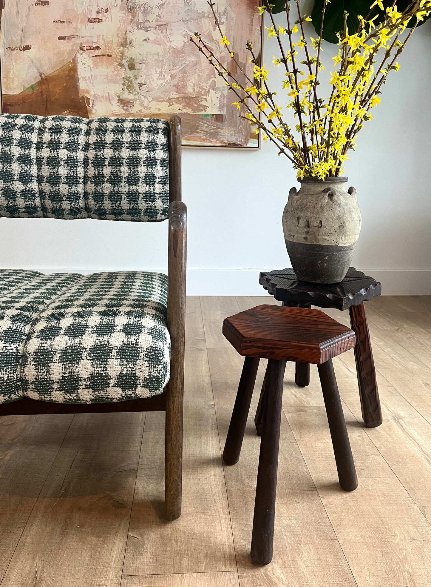 S/2 Mid Century Rustic Modernist Chairs Newly Reupholstered In Lorenzo Castillo Fabric