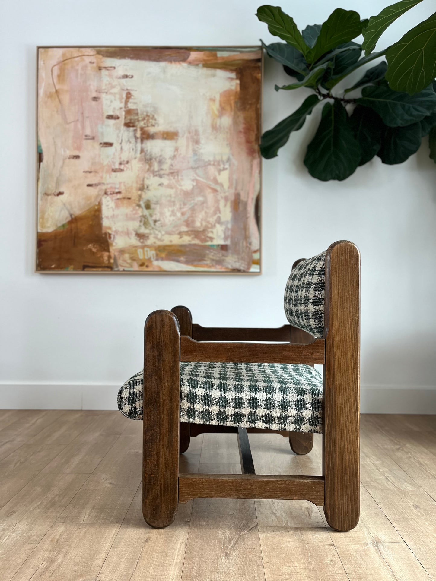 S/2 Mid Century Rustic Modernist Chairs Newly Reupholstered In Lorenzo Castillo Fabric