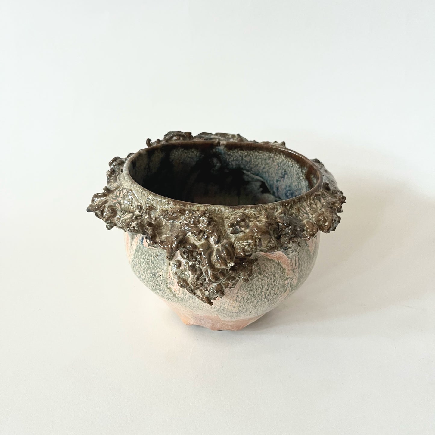 Found Pottery Wide Glazed Vase with Organic Details