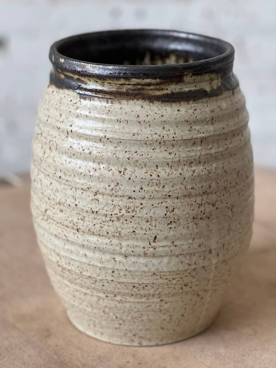 Large Ribbed Handmade Stoneware Vase