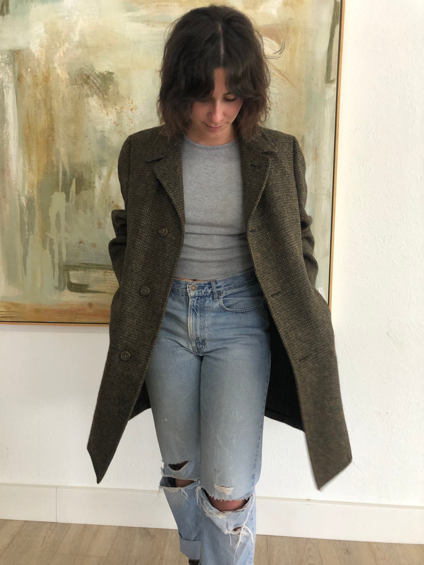 Vntg Harris Tweed Brown Hand woven Wool Coat