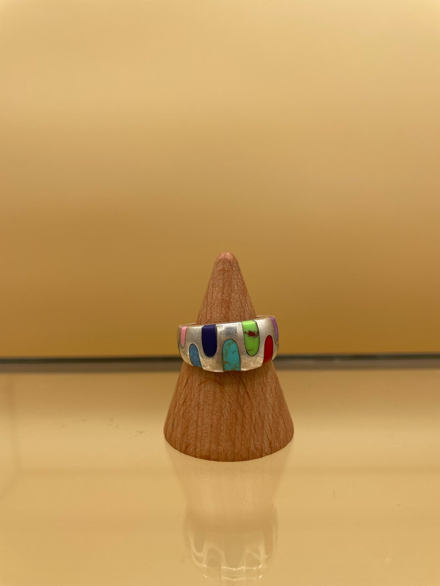Modernist 925 Silver Multi-Stone Inlay Dome Ring