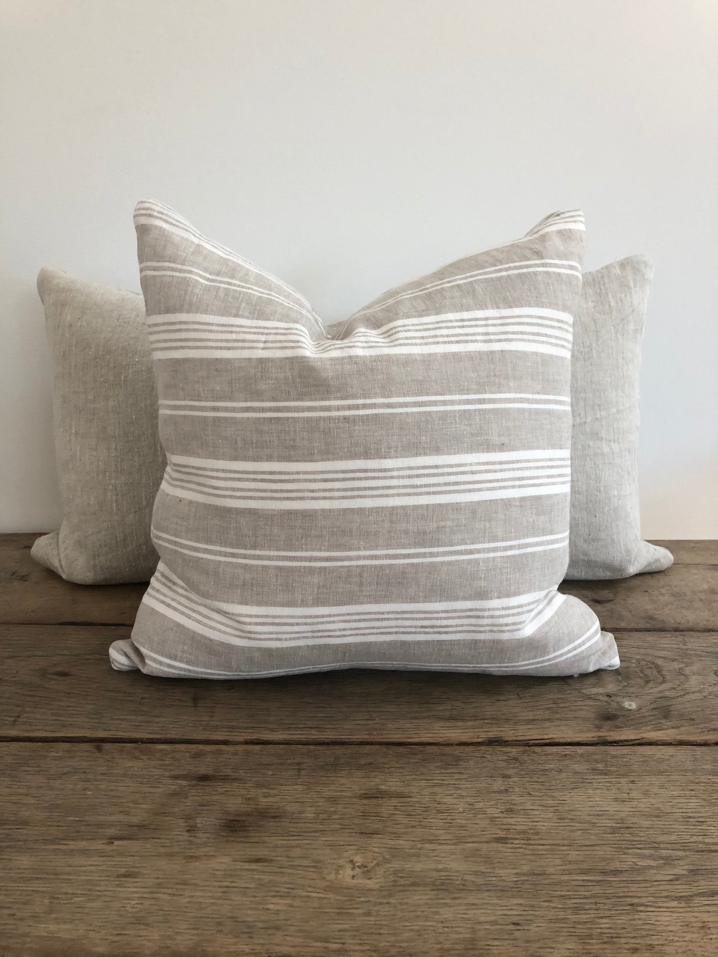 White and Taupe Multi-Stripe Linen Pillow