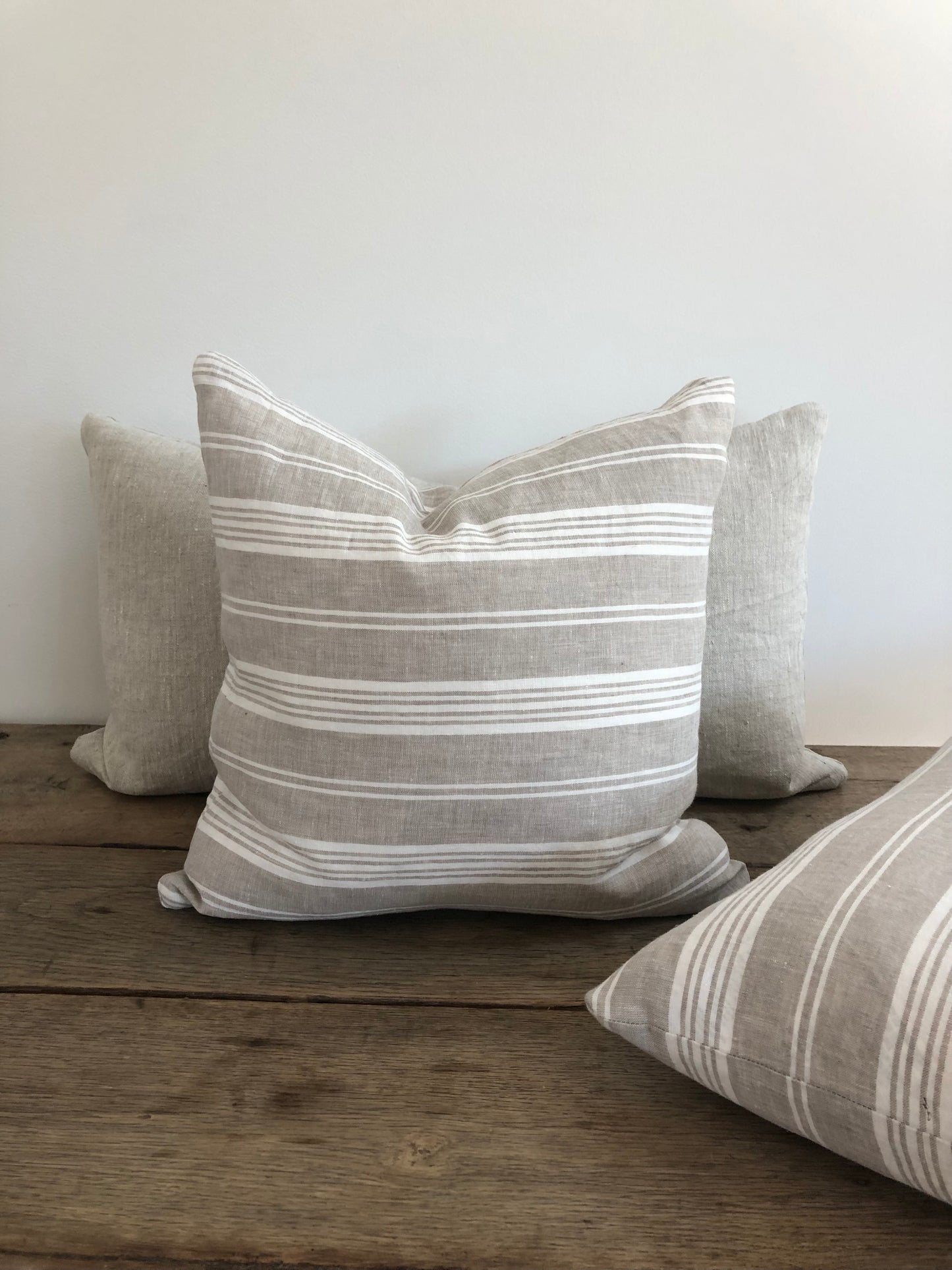 White and Taupe Multi-Stripe Linen Pillow
