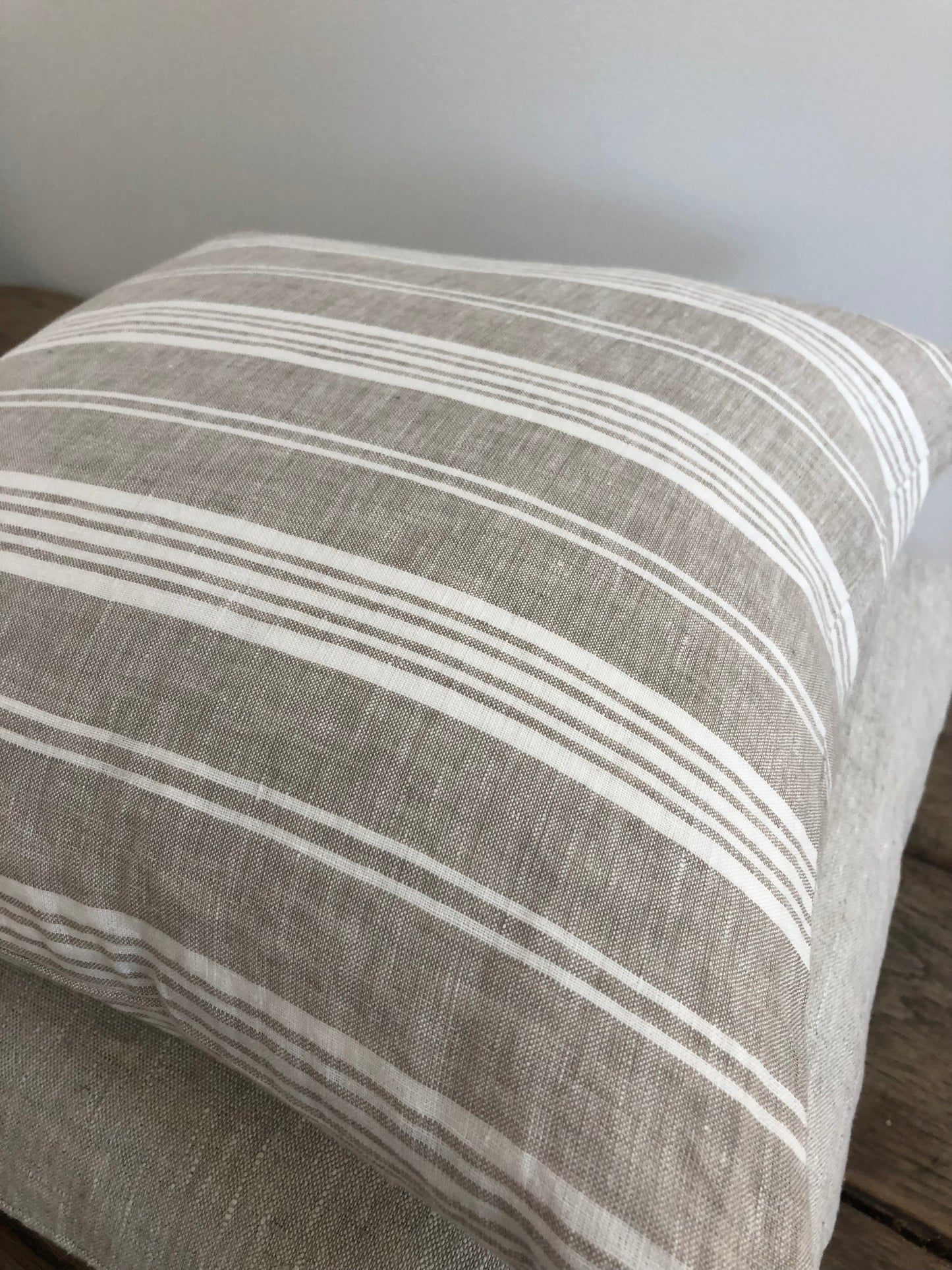 White and Taupe Multi-Stripe Linen Pillow