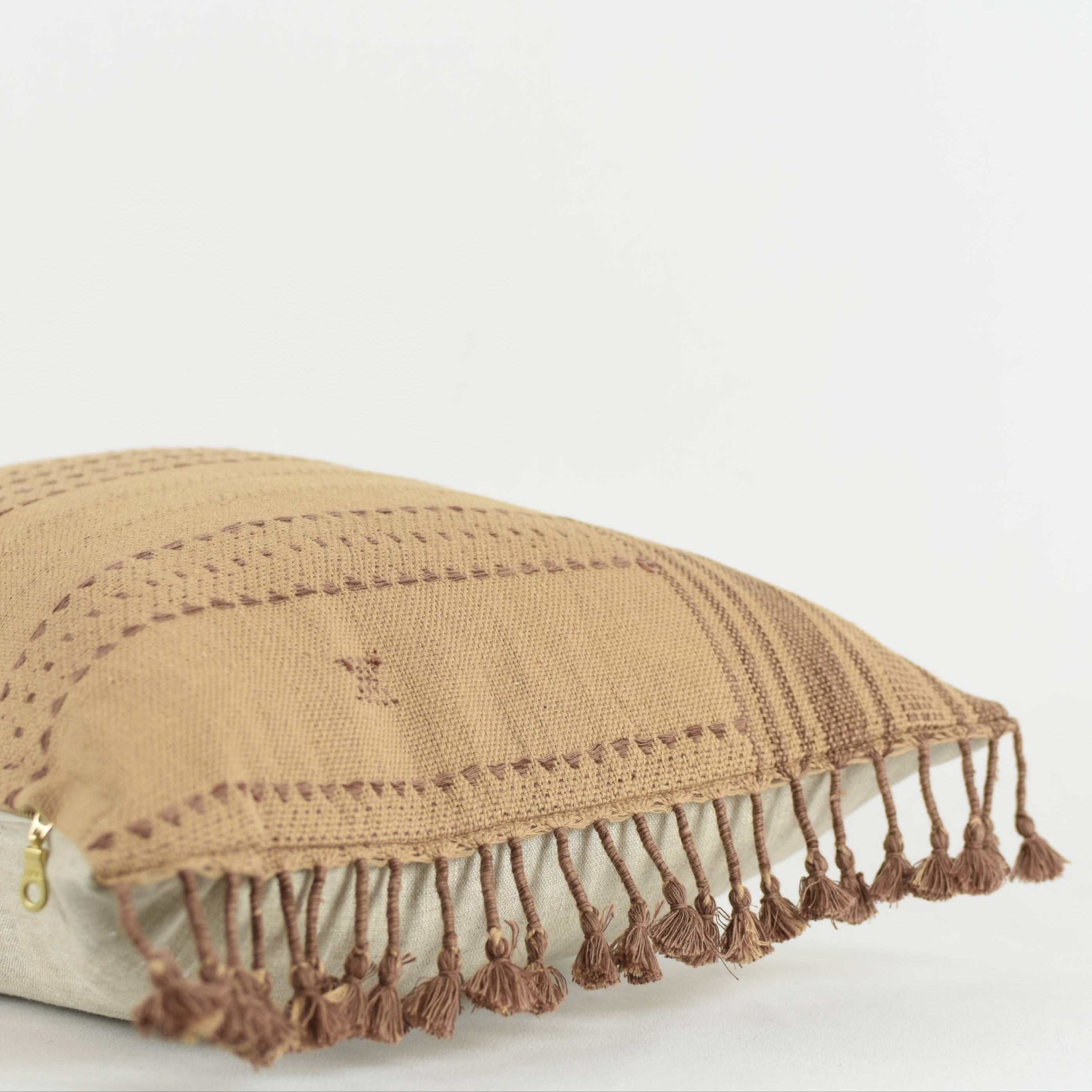 Camel and Rust Woven Pillow with Fringe 22x22