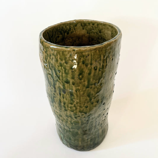Studio Pottery Textured Green Glaze Vase