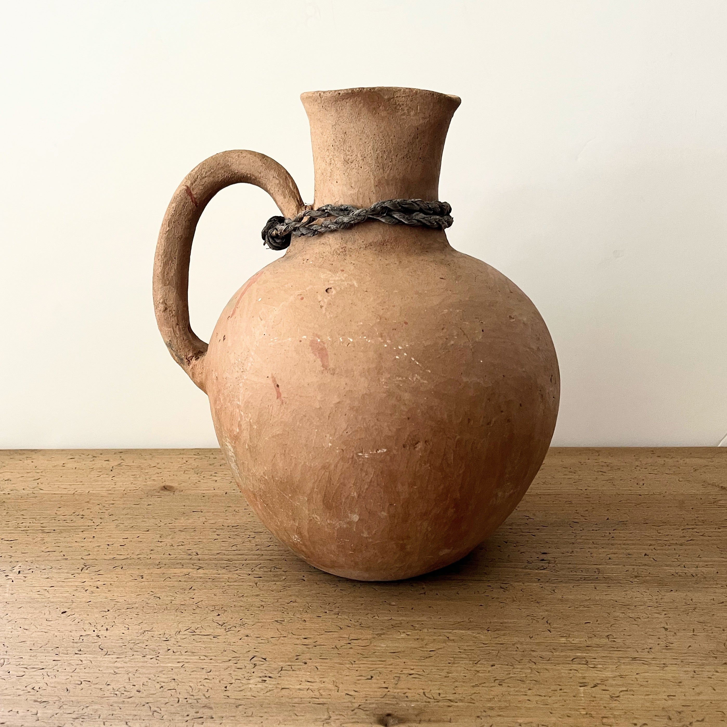Vintage Turkish Clay Pot With Handle and Rope Detail