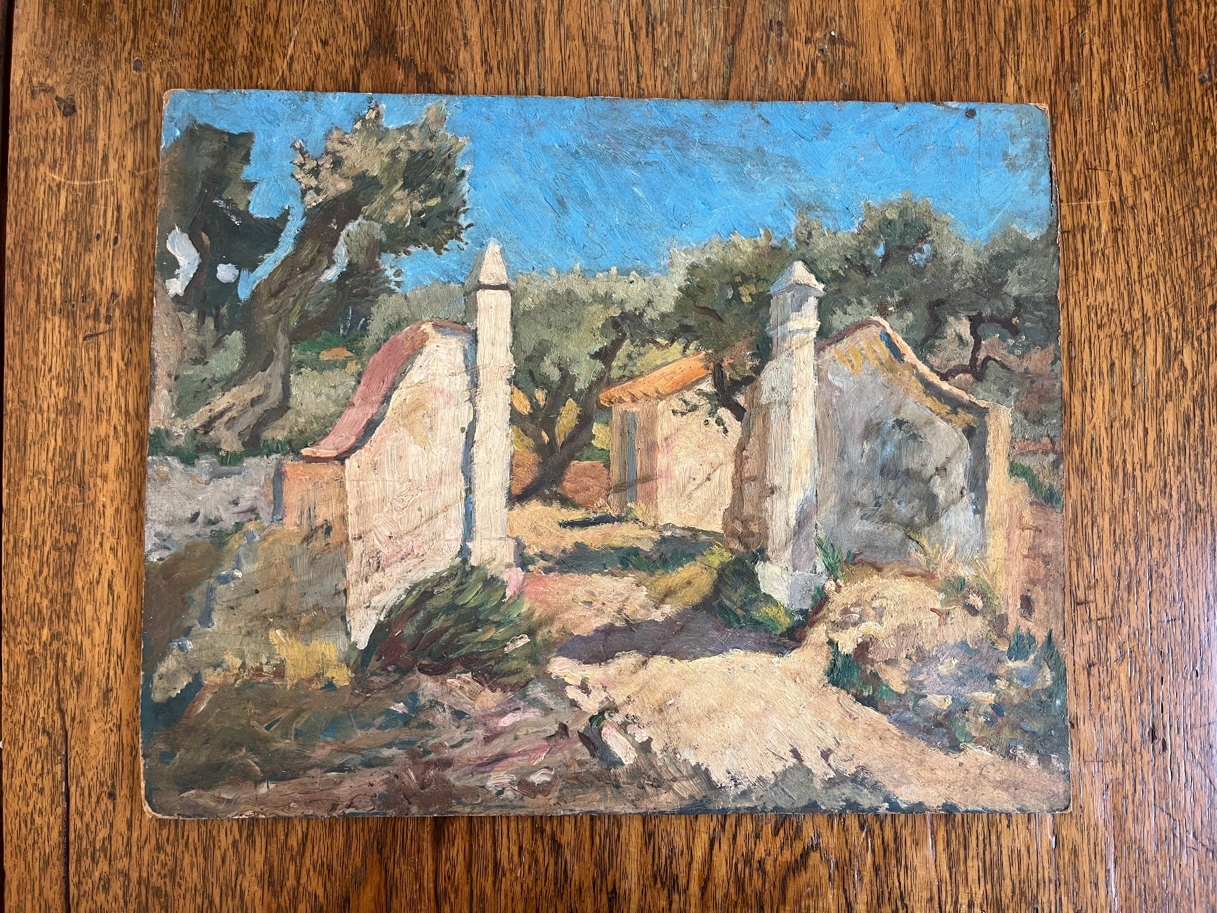 Vintage Provencal Village Oil on Board