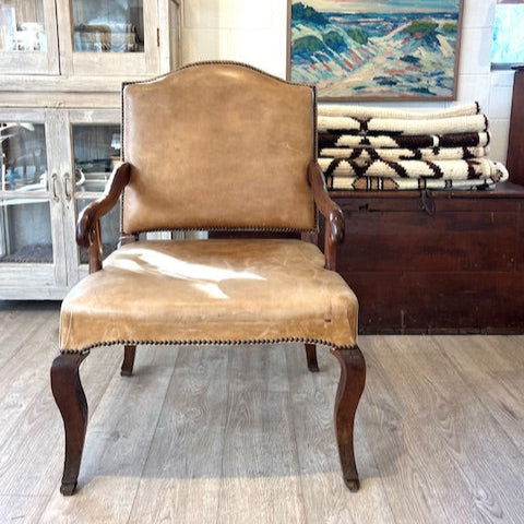 Antique French Provincial Oak Library Chair w/leather Upholstery