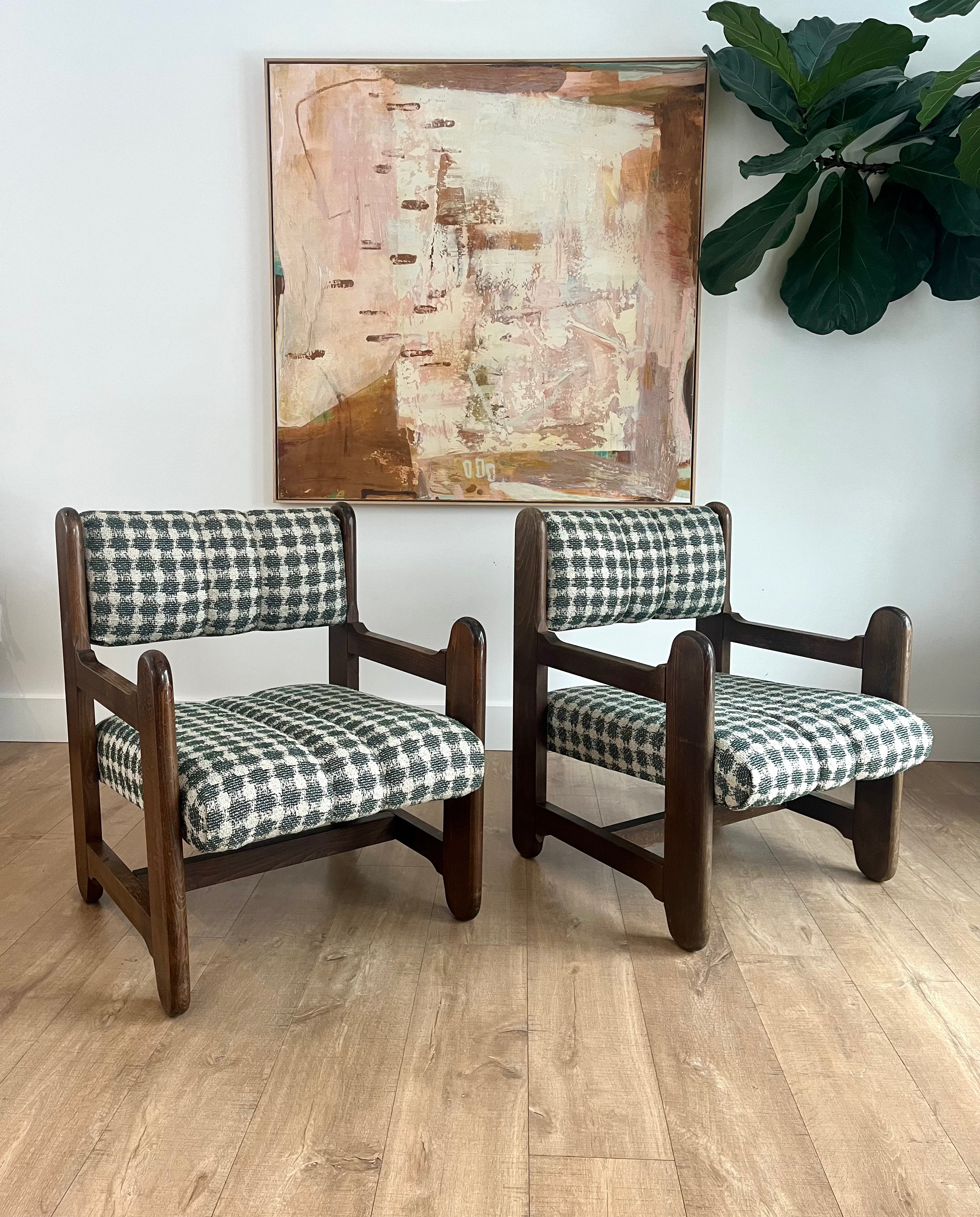 S/2 Mid Century Rustic Modernist Chairs Newly Reupholstered In Lorenzo Castillo Fabric