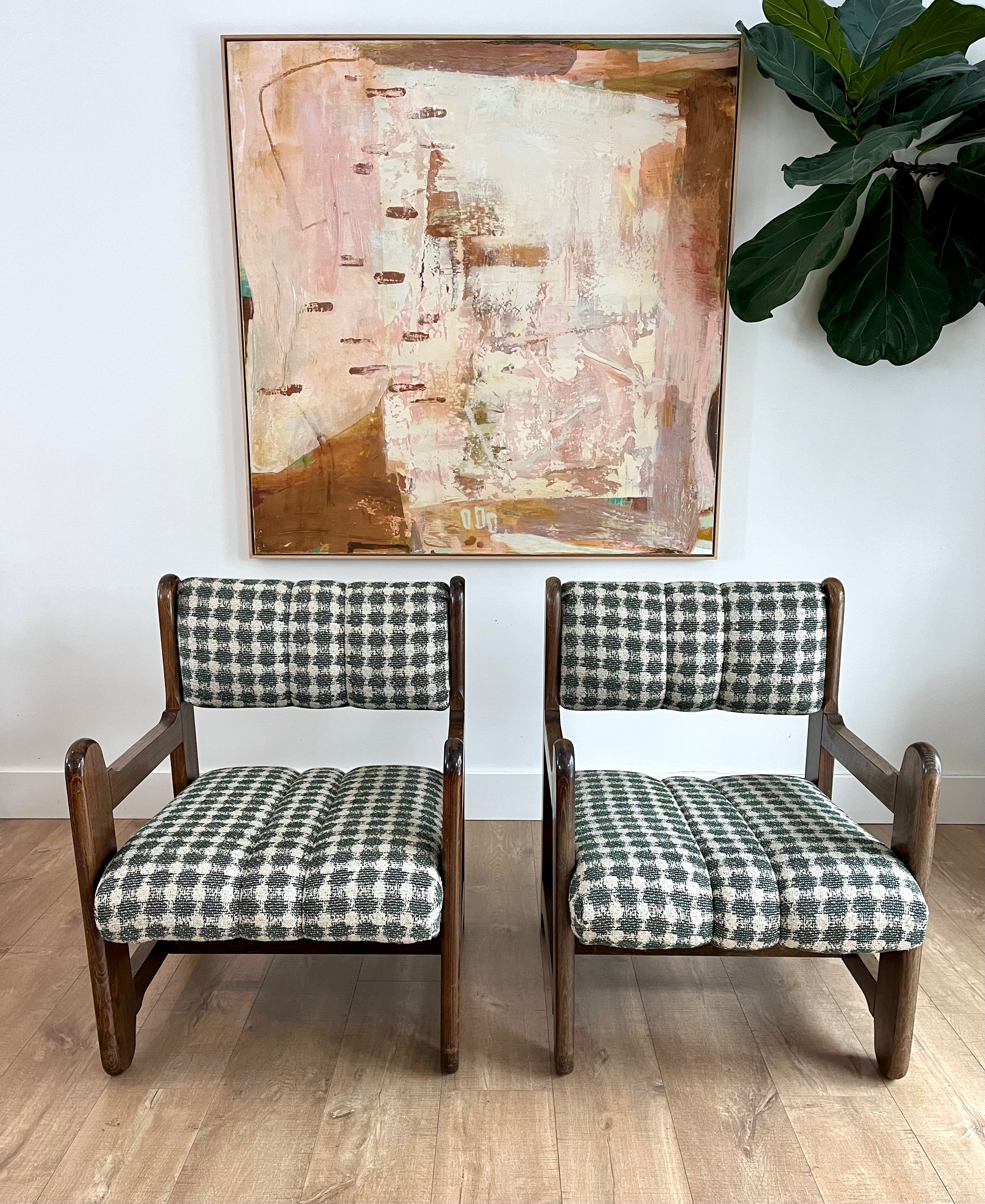 S/2 Mid Century Rustic Modernist Chairs Newly Reupholstered In Lorenzo Castillo Fabric