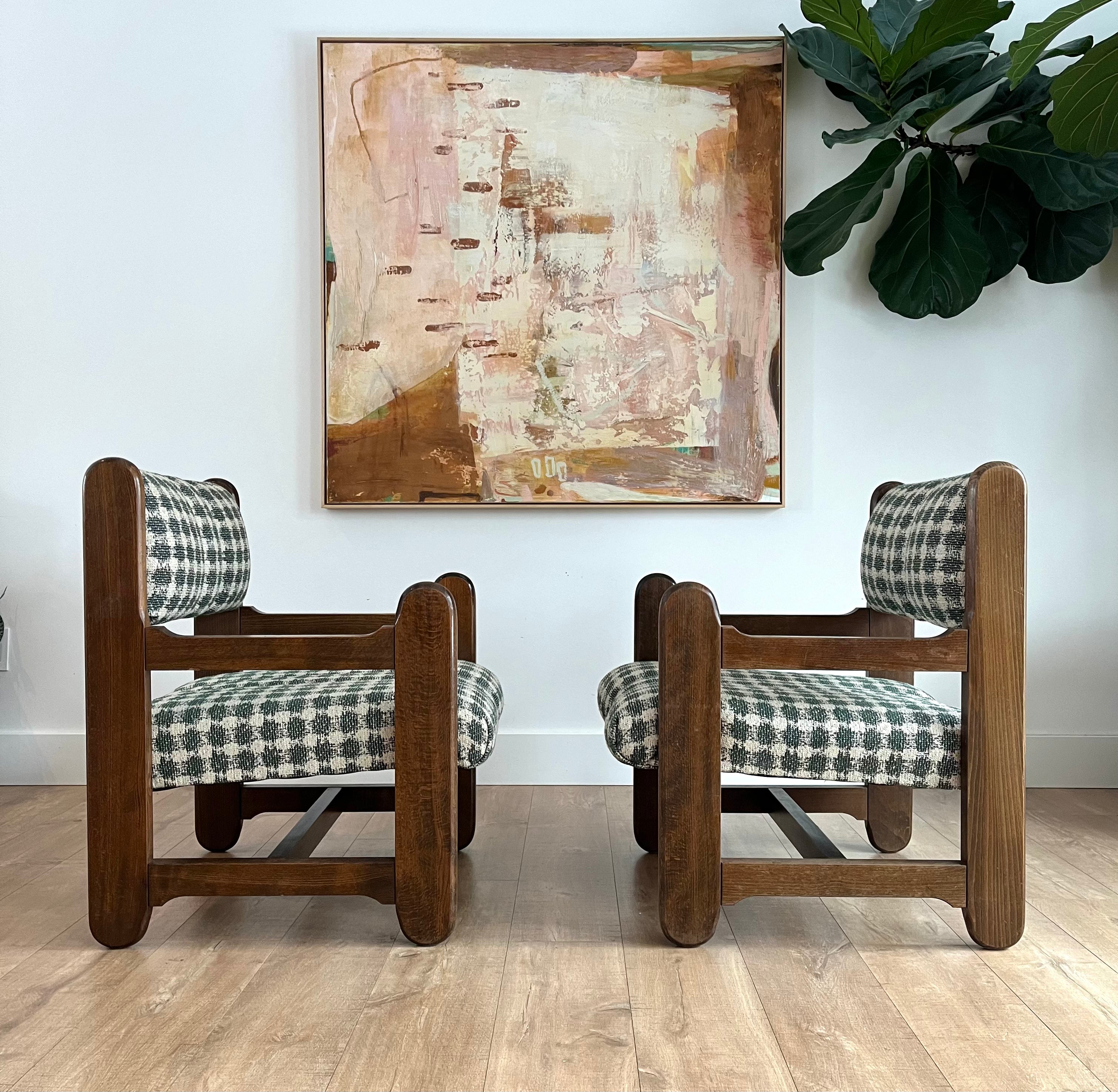 S/2 Mid Century Rustic Modernist Chairs Newly Reupholstered In Lorenzo Castillo Fabric