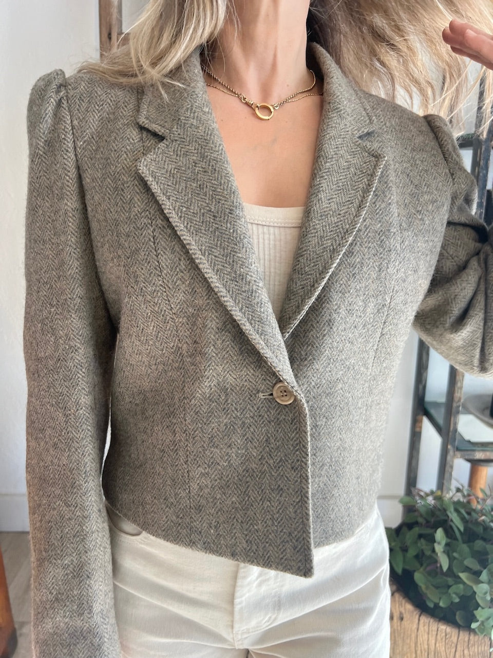 Vintage Herringbone Cropped Wool Blazer