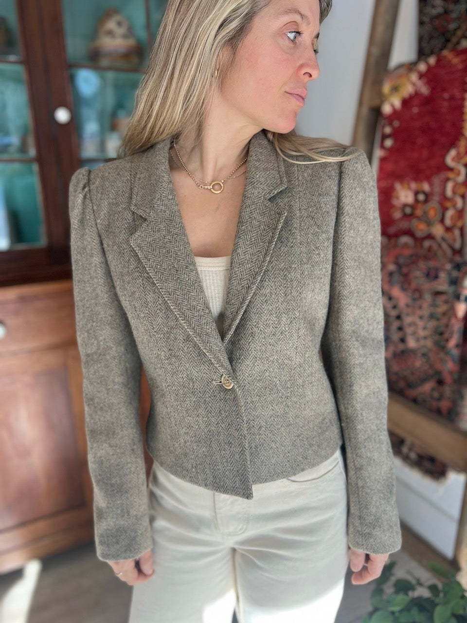 Vintage Herringbone Cropped Wool Blazer