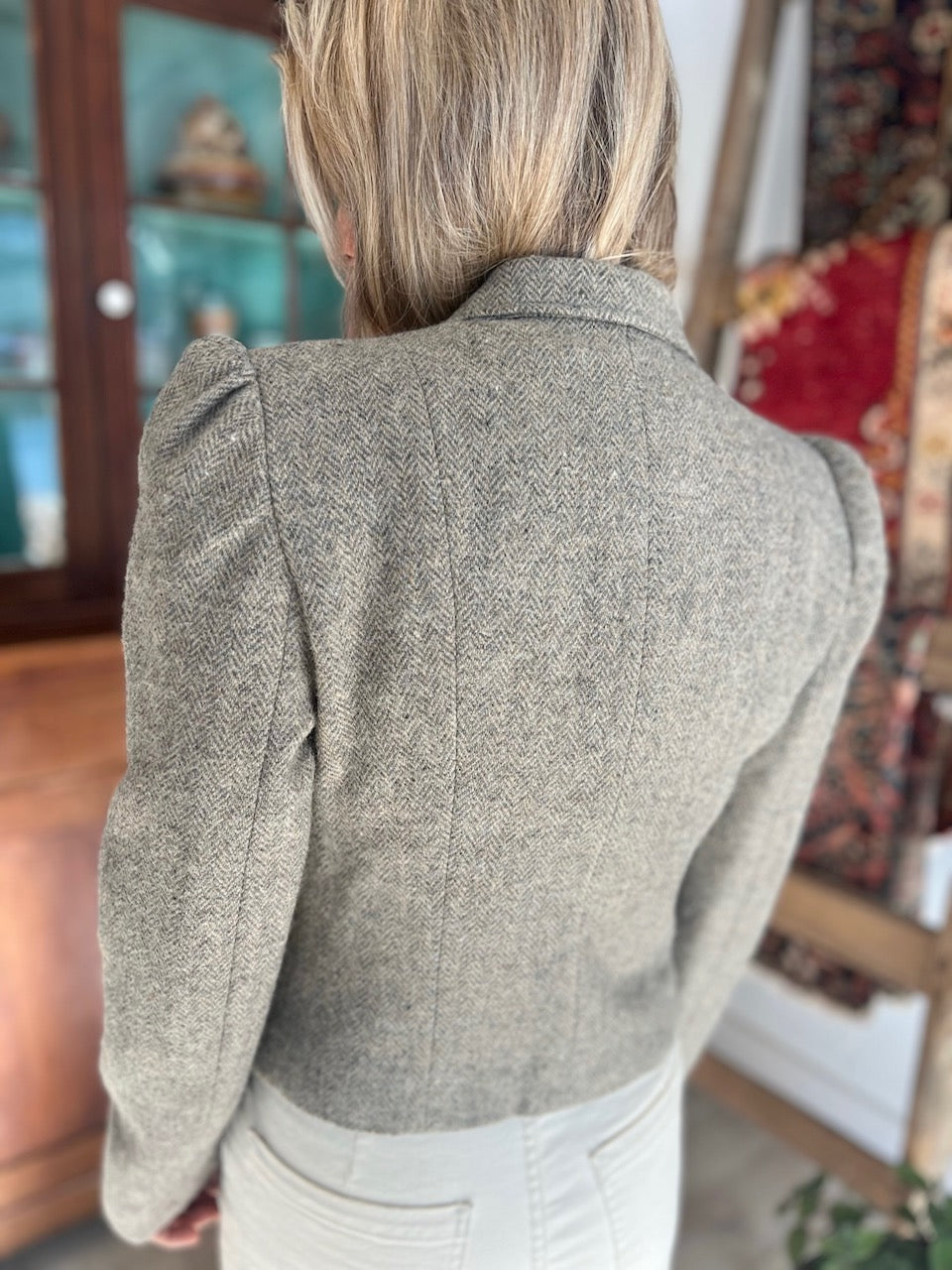 Vintage Herringbone Cropped Wool Blazer