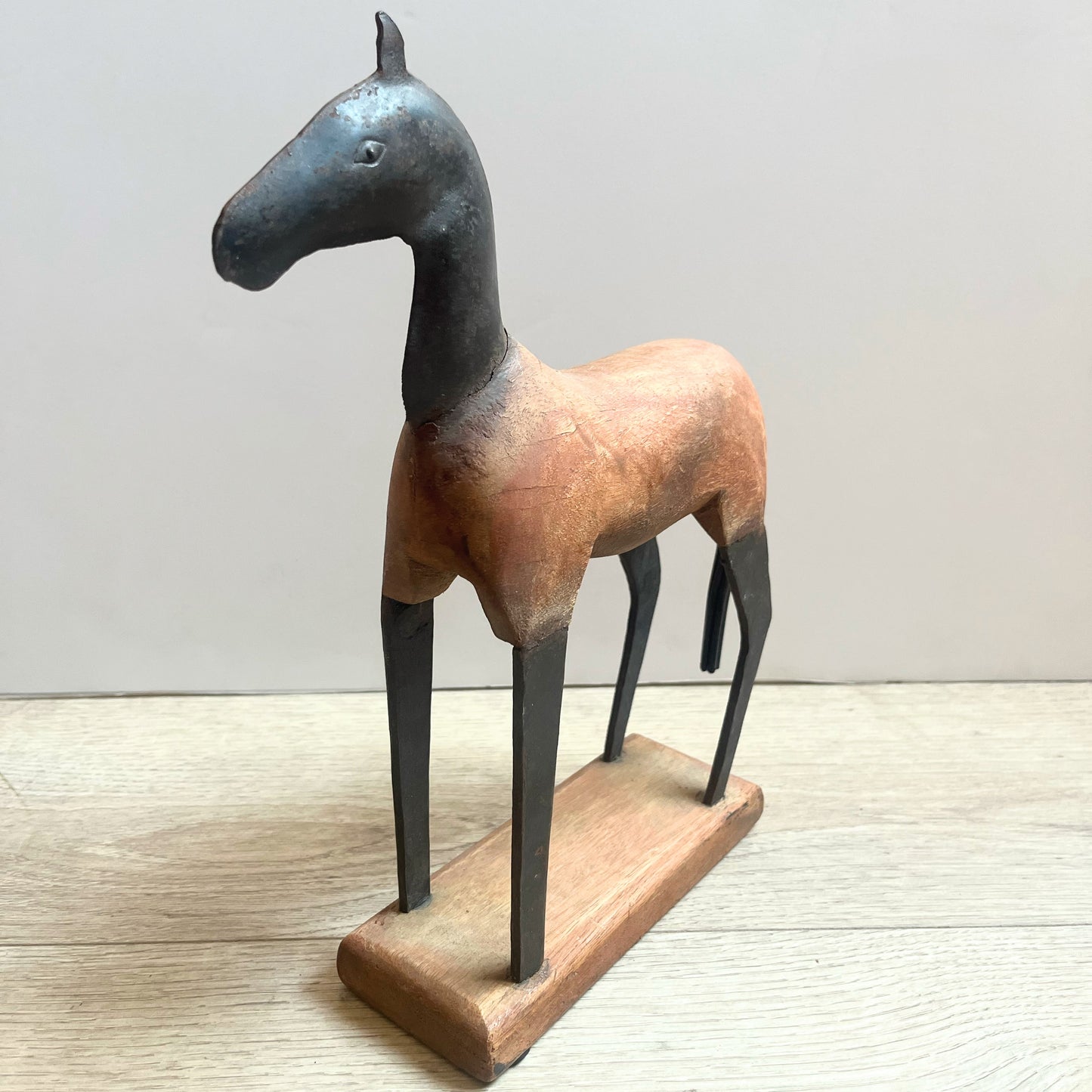Primitive Wood and Metal Horse Sculpture