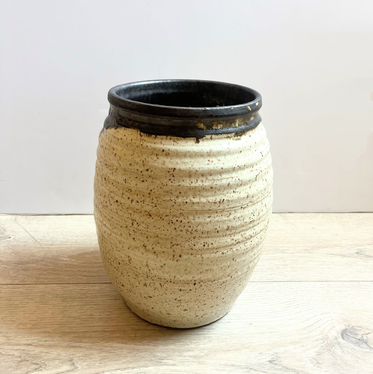 Large Ribbed Handmade Stoneware Vase