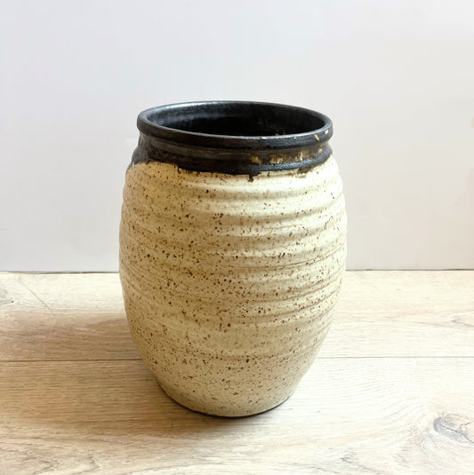 Large Ribbed Handmade Stoneware Vase