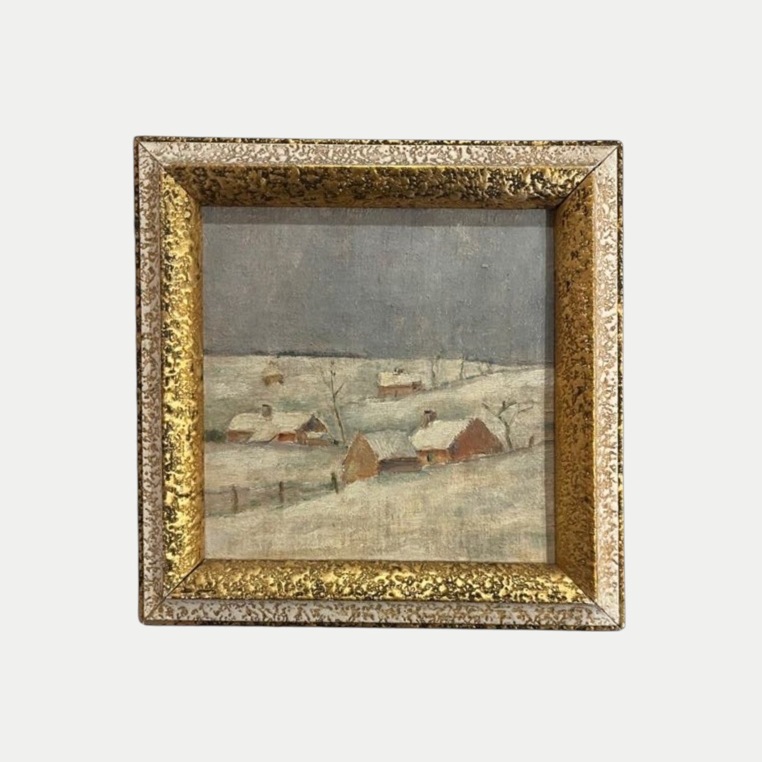 Antique Winter Farmstead Framed Painting
