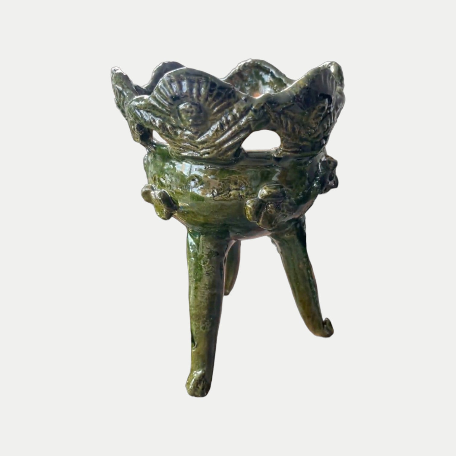 Majolica Ornate Floral Footed Bowl, Green