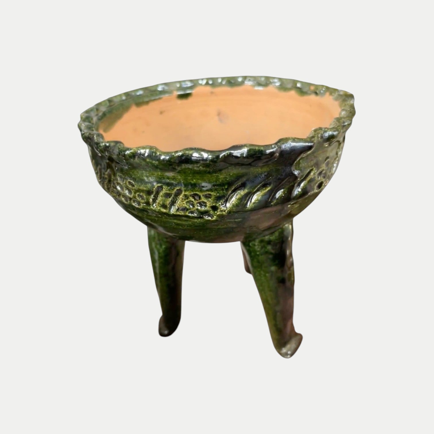 Majolica Floral Relief Print Footed Bowl, Green