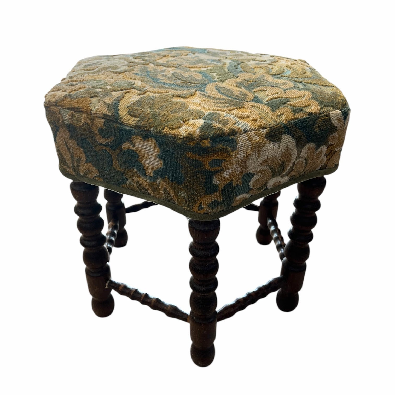 Vintage Bobbin-Leg Upholstered Stool