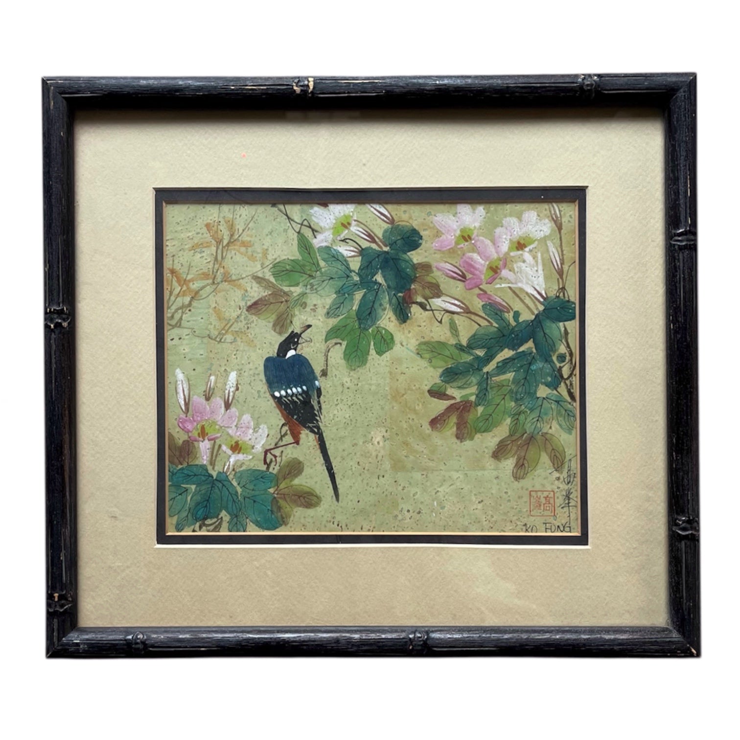 Vintage Asian Bird Watercolor Bamboo Frame