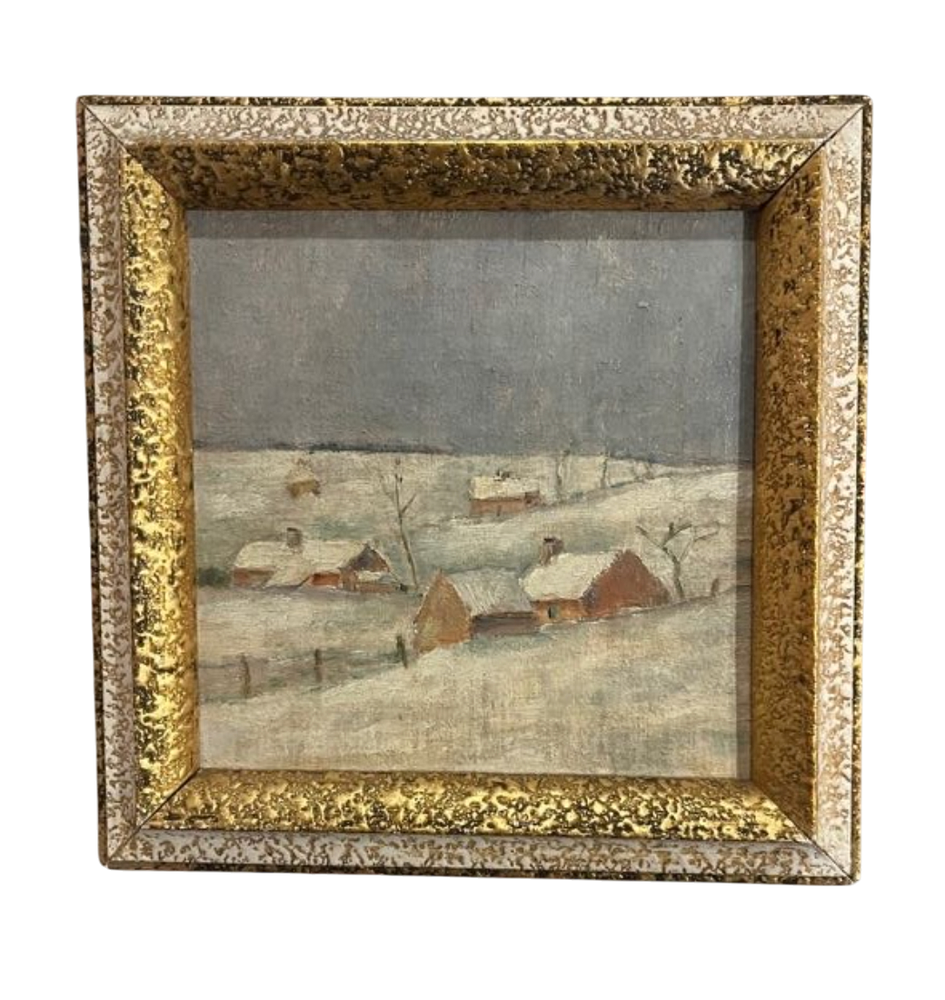 Antique Winter Farmstead Framed Painting