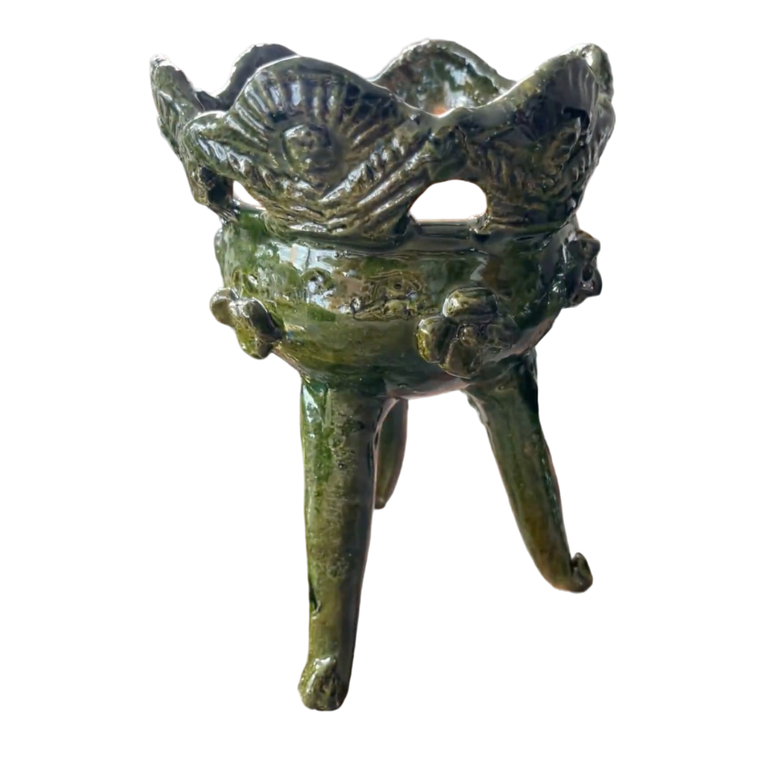 Majolica Ornate Floral Footed Bowl, Green