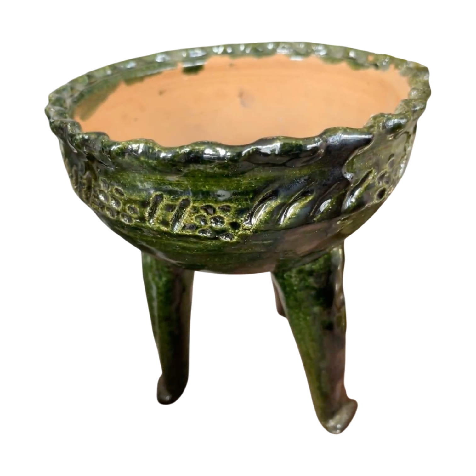 Majolica Floral Relief Print Footed Bowl, Green