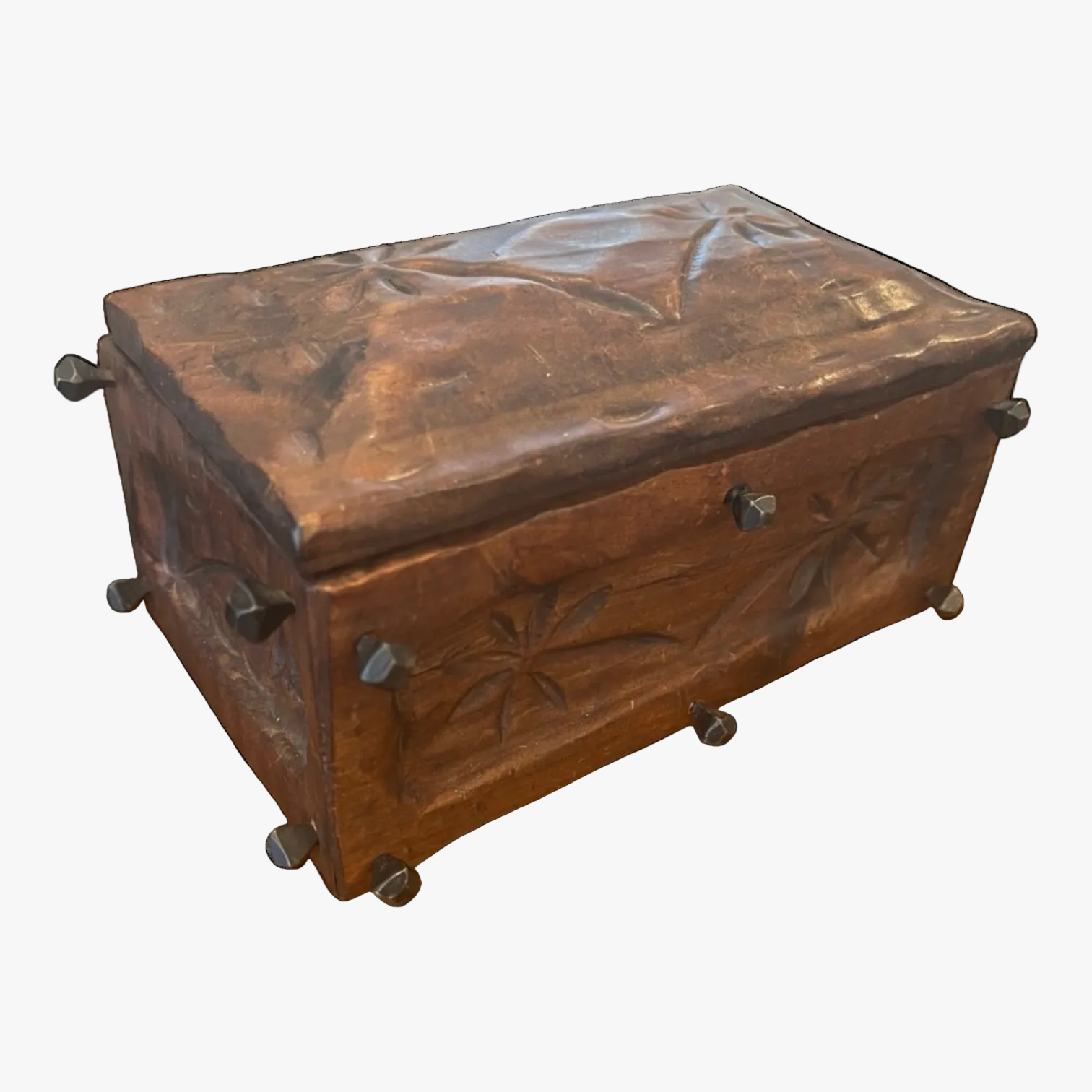 Hand-Carved Wooden Box with Forged Nails