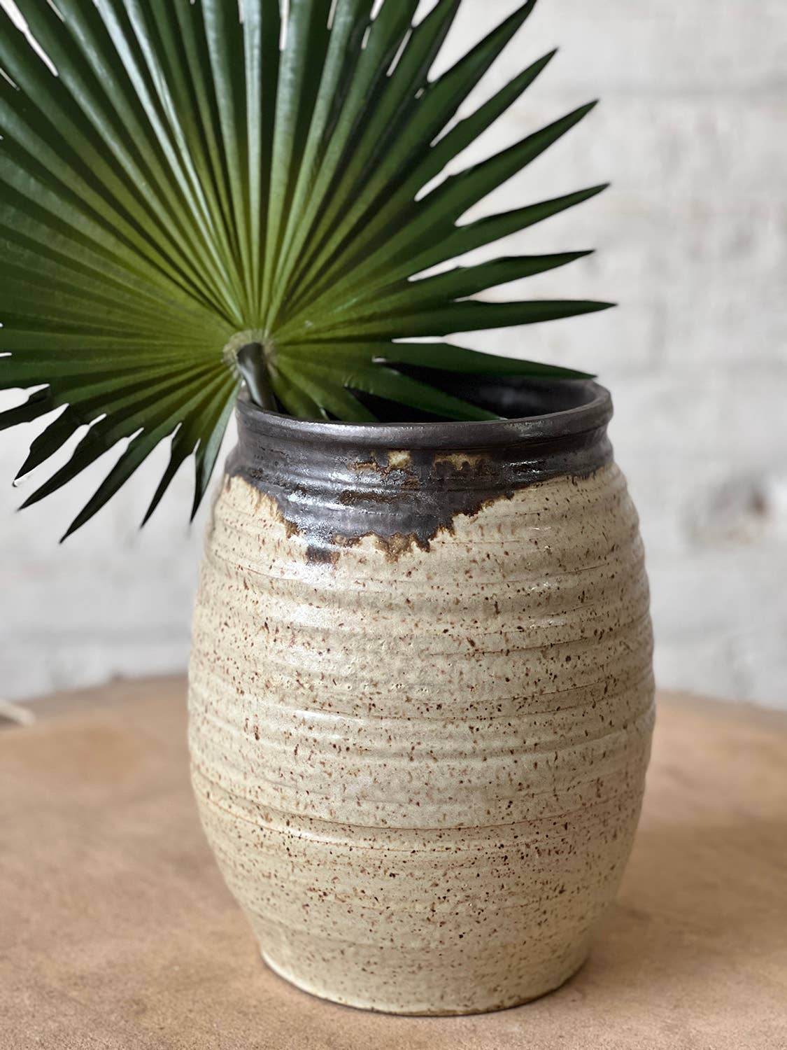 Large Ribbed Handmade Stoneware Vase