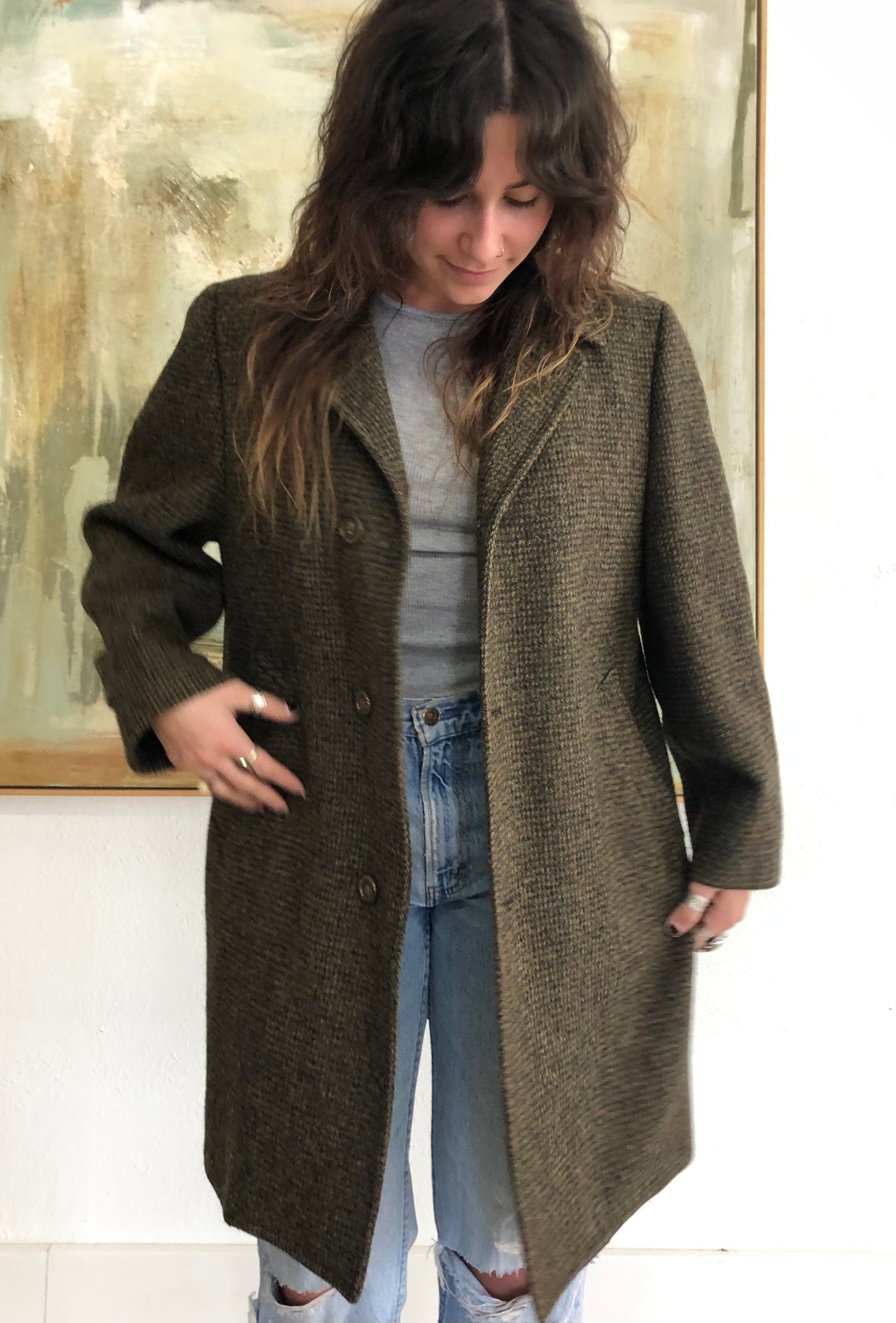 Vntg Harris Tweed Brown Hand woven Wool Coat