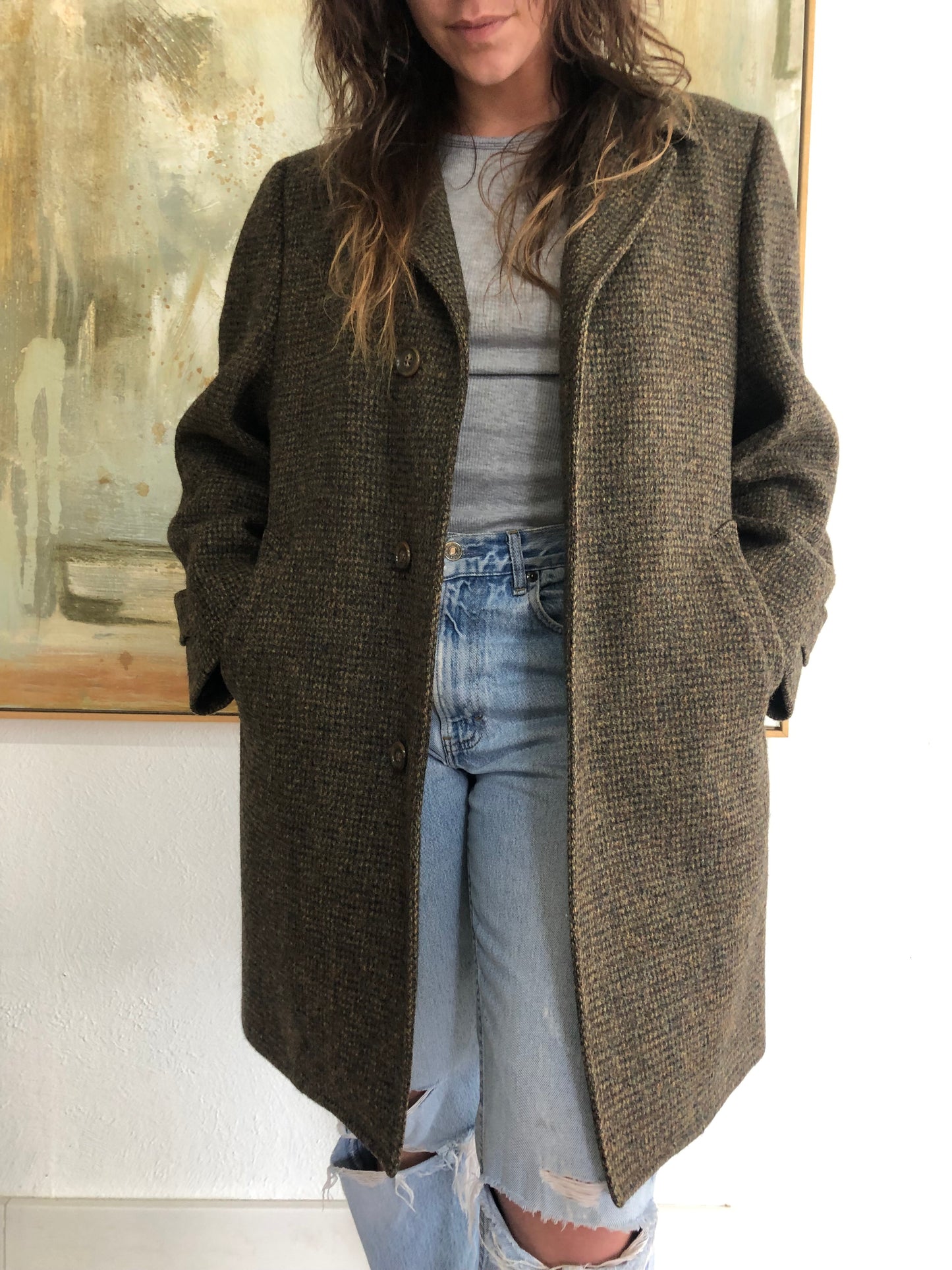 Vntg Harris Tweed Brown Hand woven Wool Coat