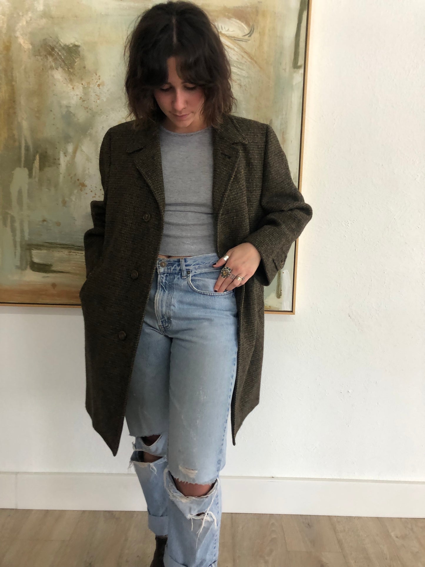 Vntg Harris Tweed Brown Hand woven Wool Coat