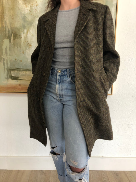 Vntg Harris Tweed Brown Hand woven Wool Coat