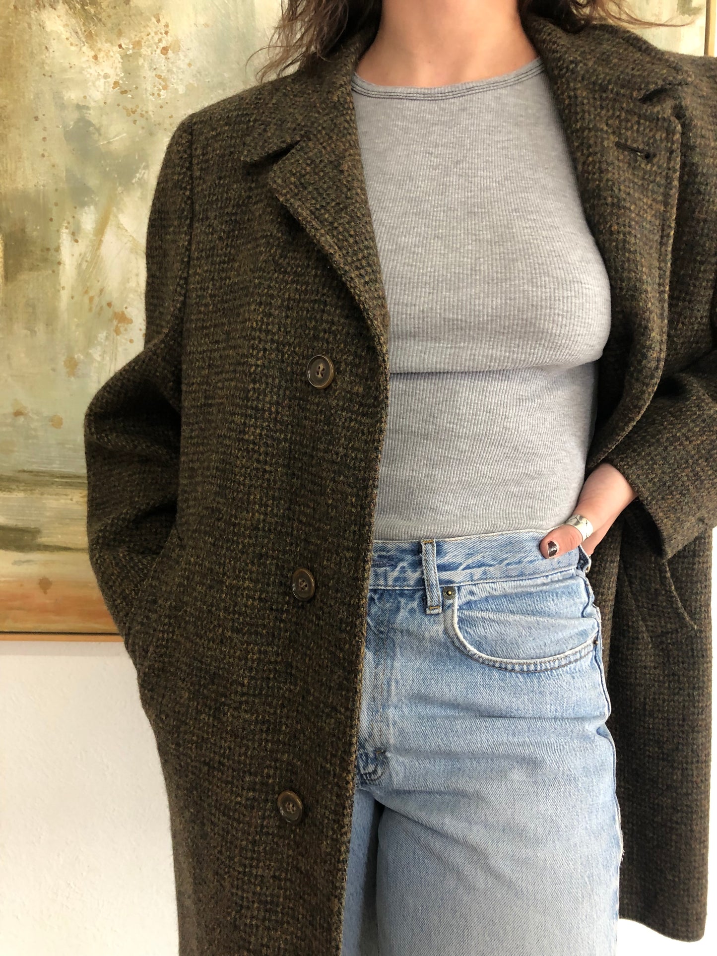 Vntg Harris Tweed Brown Hand woven Wool Coat