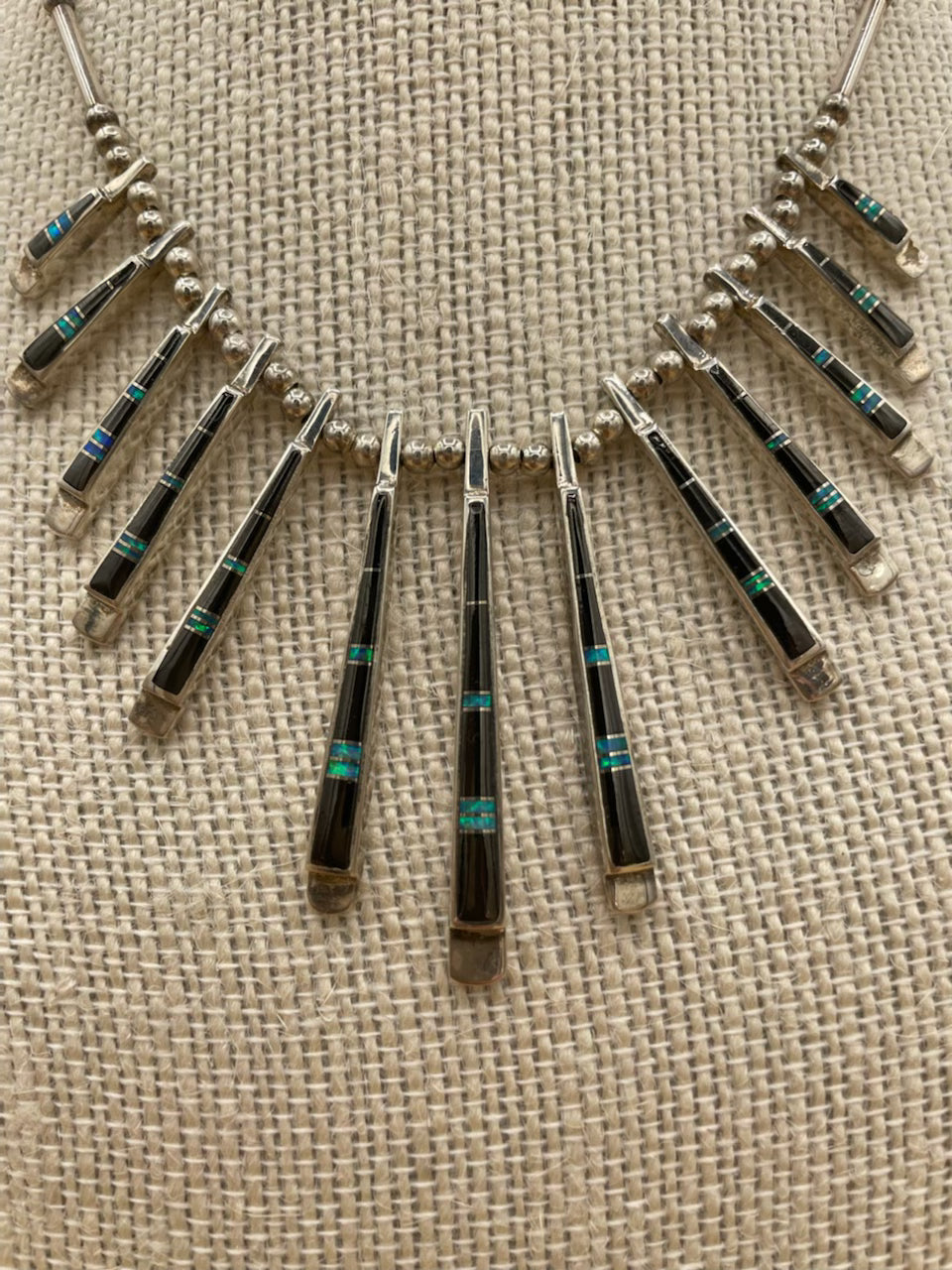 Inlaid Opal and Onyx Sterling Silver Necklace