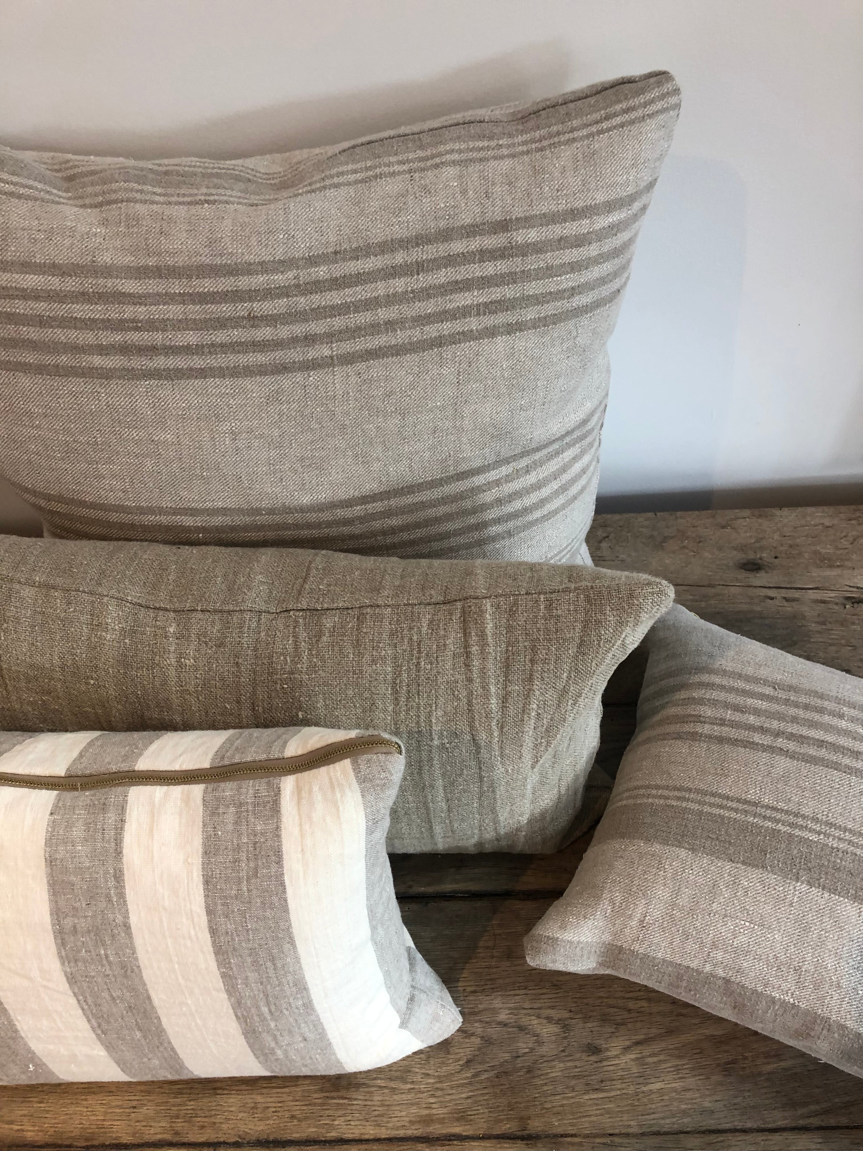 Cream and Taupe Big Stripe Linen Pillow