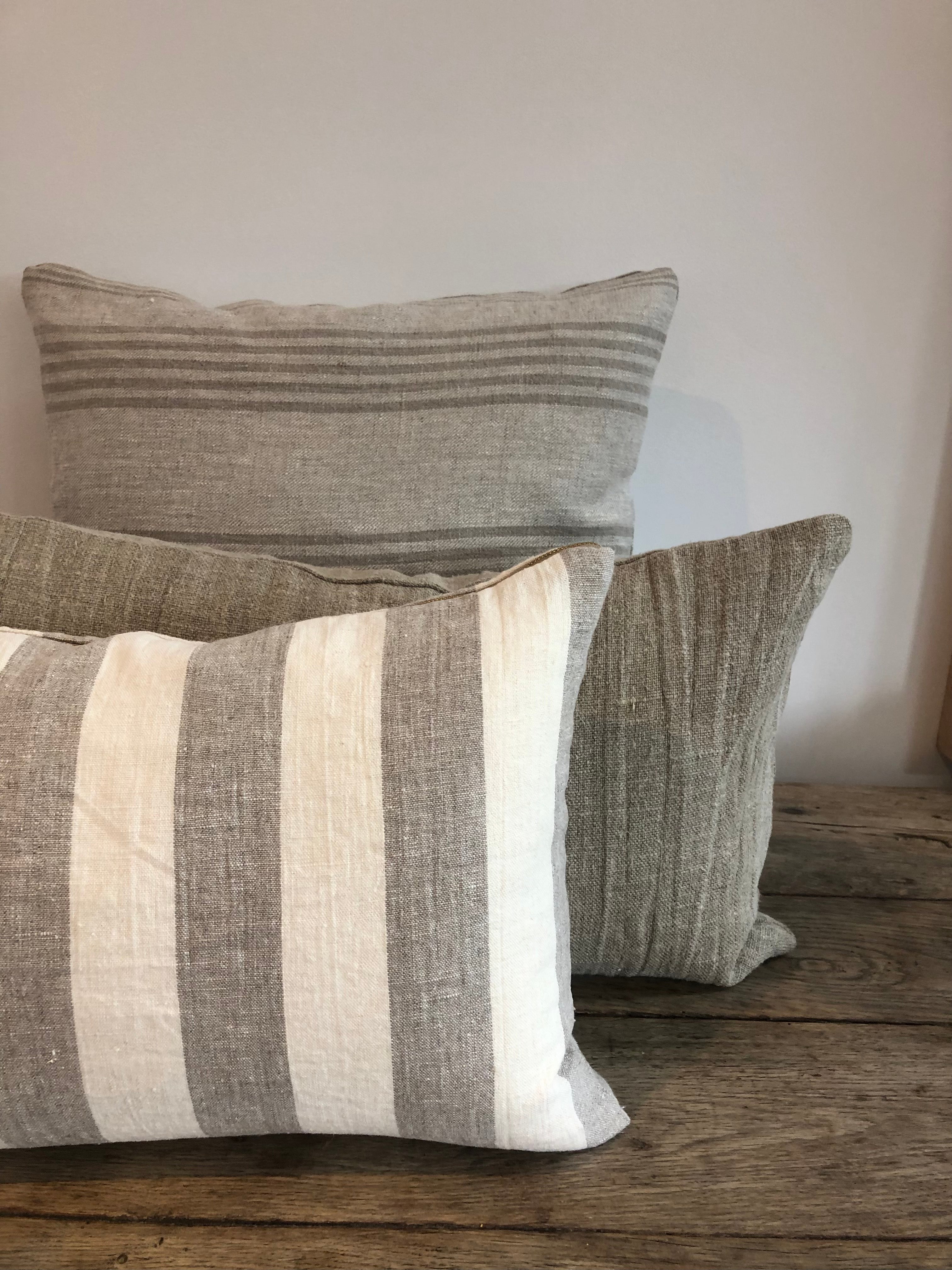 Cream and Taupe Big Stripe Linen Pillow