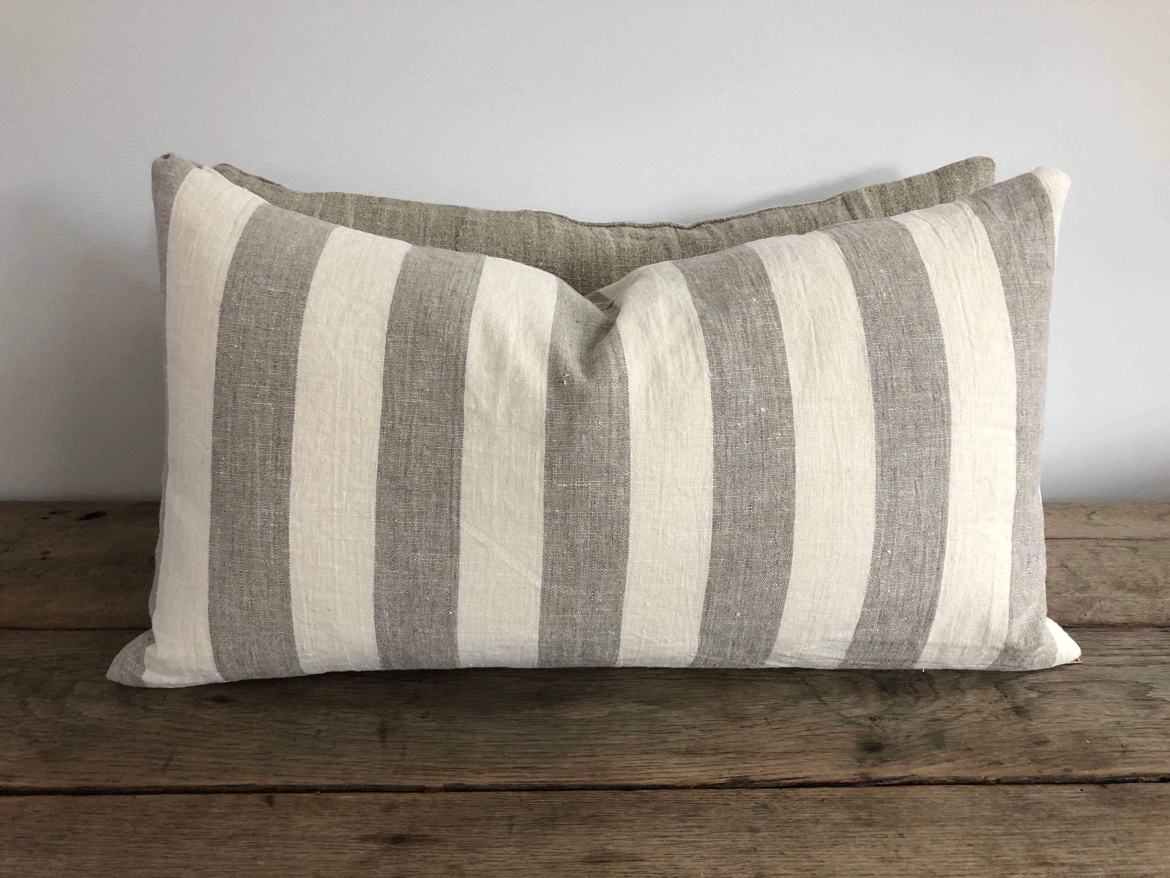 Cream and Taupe Big Stripe Linen Pillow