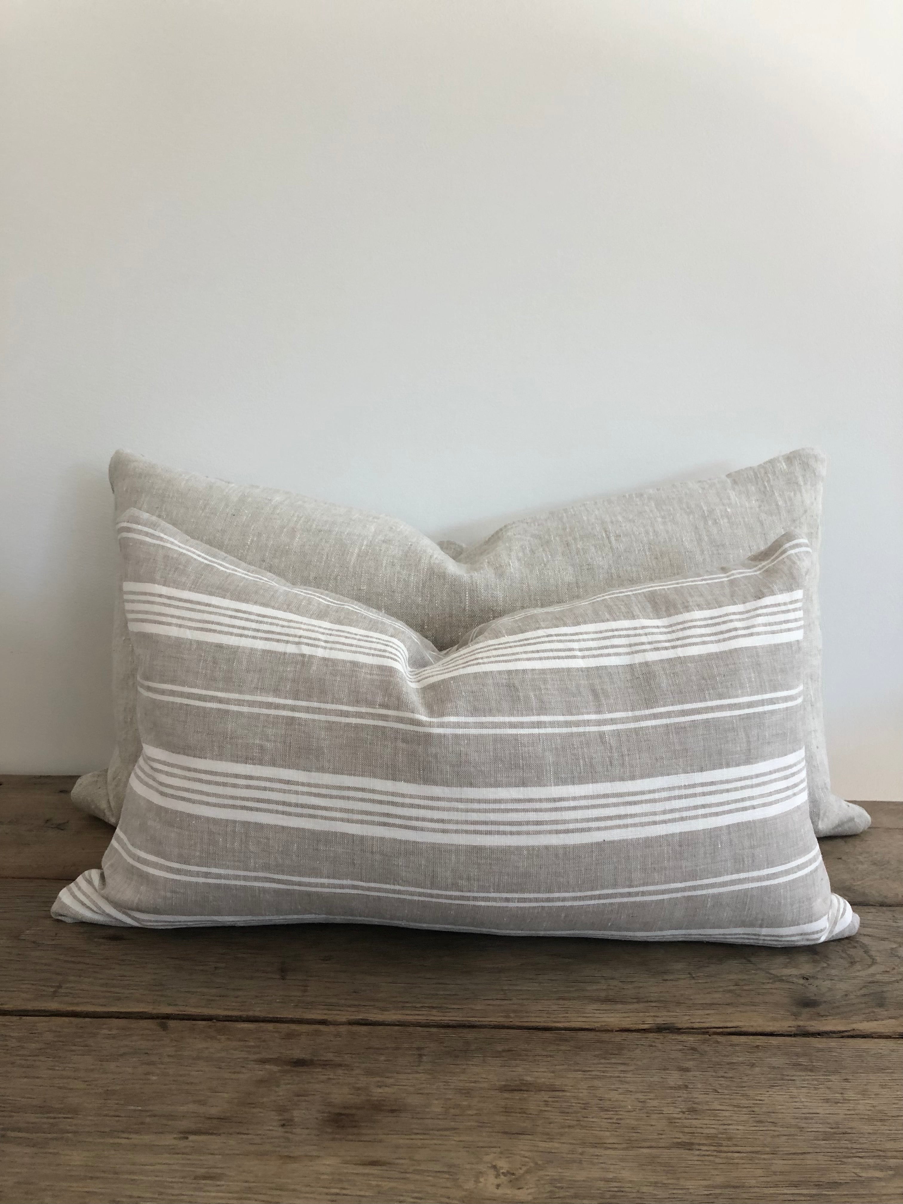 White and Taupe Multi-Stripe Linen Pillow