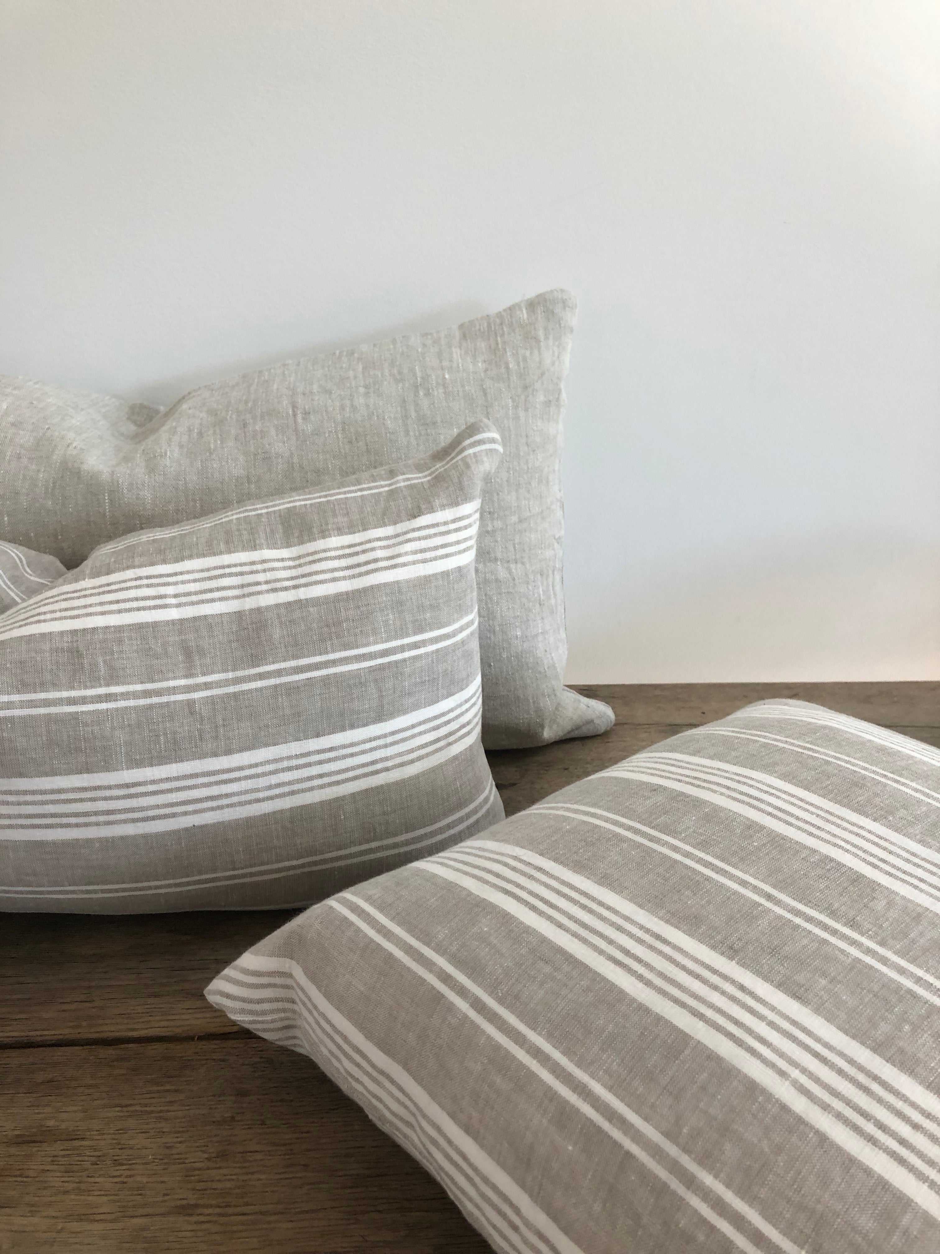 White and Taupe Multi-Stripe Linen Pillow