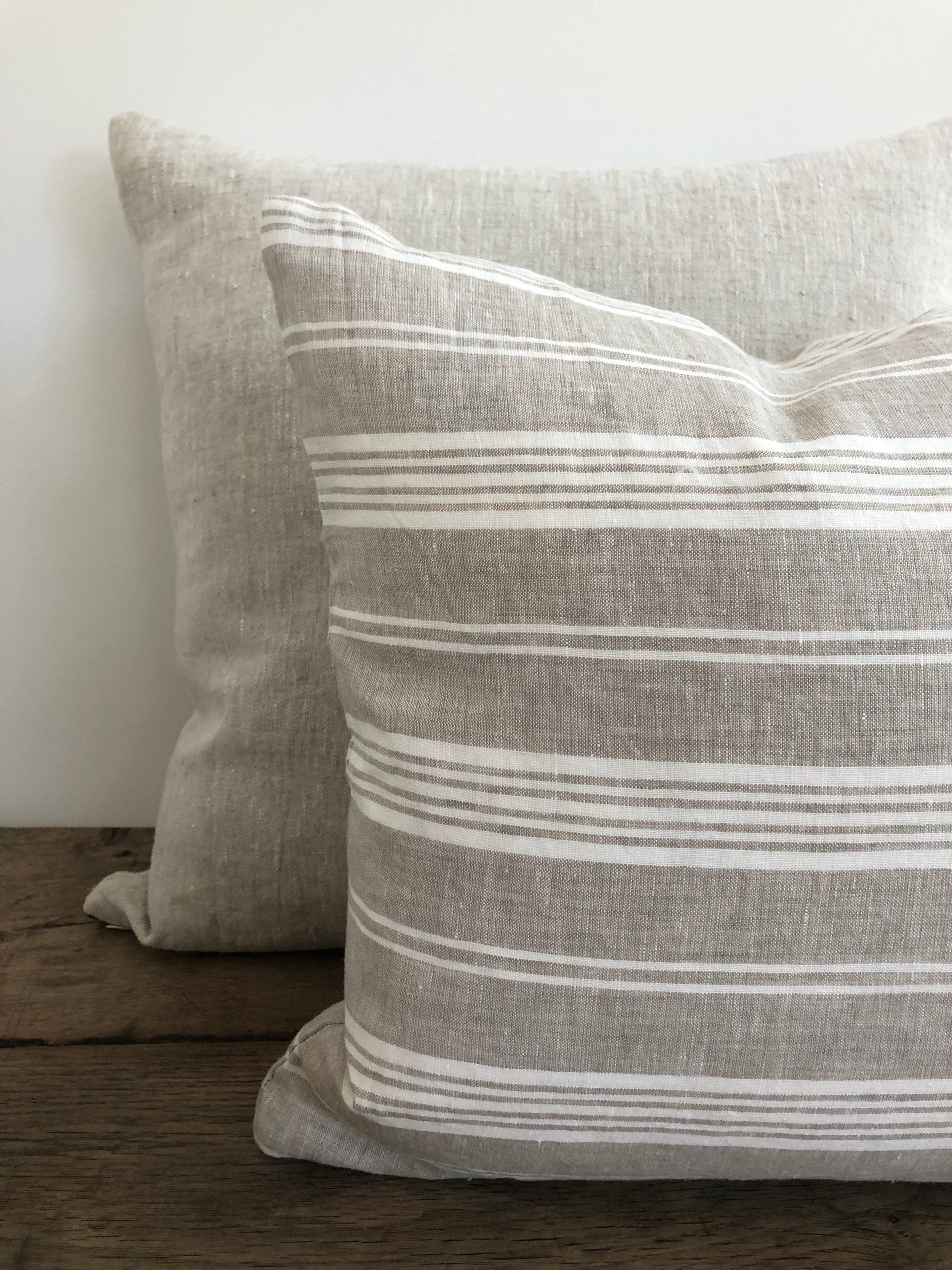 White and Taupe Multi-Stripe Linen Pillow