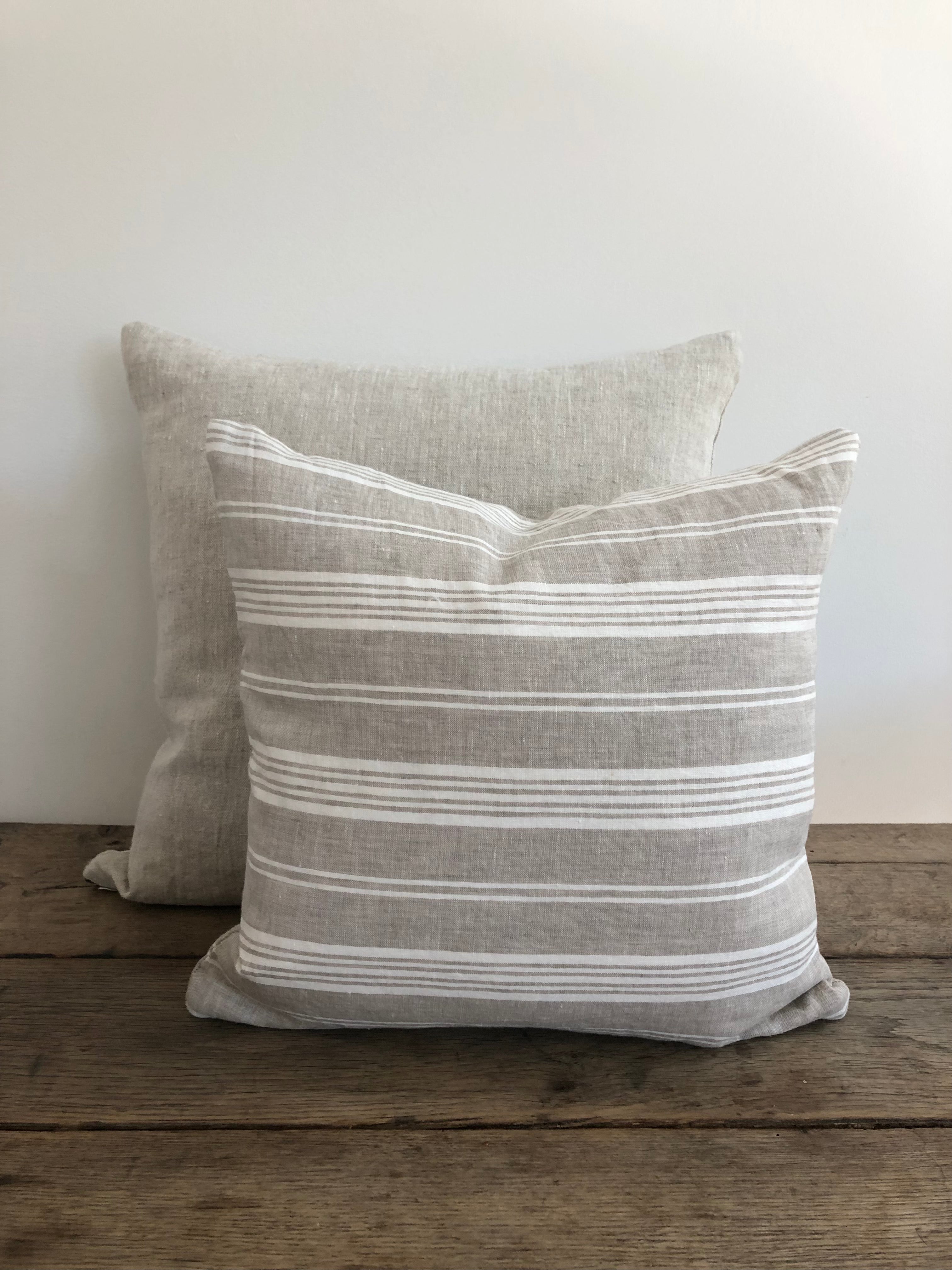 White and Taupe Multi-Stripe Linen Pillow